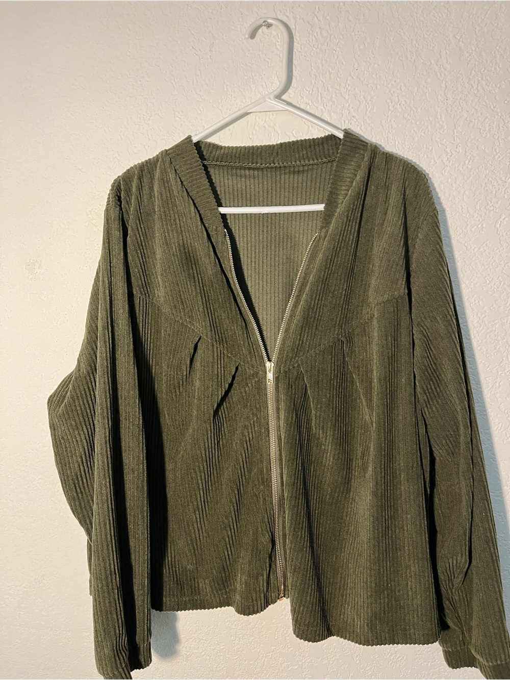 SHEIN Olive Green Corduroy Zip-Up Bomber Jacket
